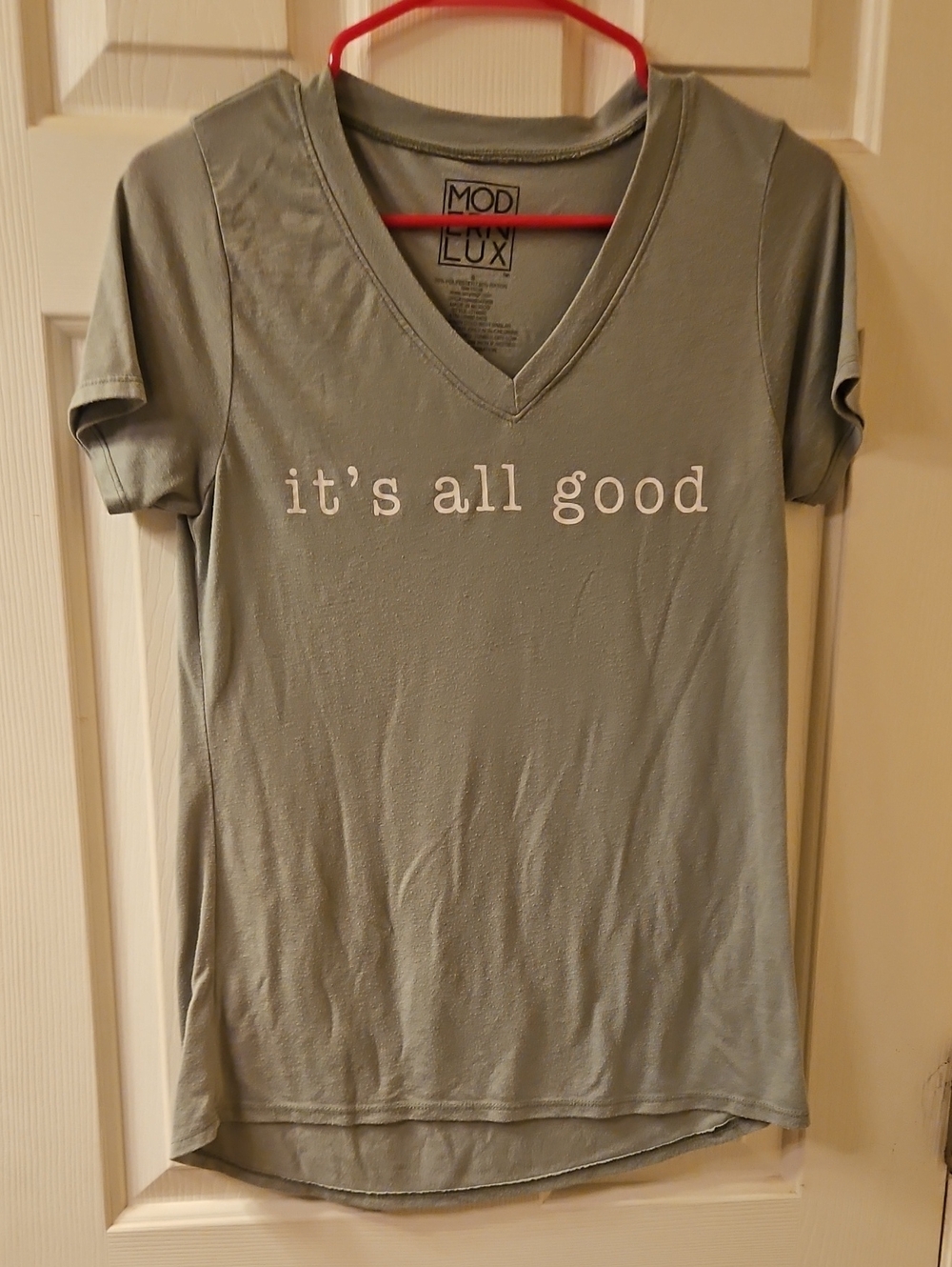Modern Lux Sage V-Neck Tee with "it's all good" Graphic